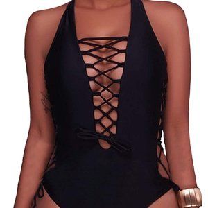 Holipick Women Sexy Lace up Plunge swimsuit